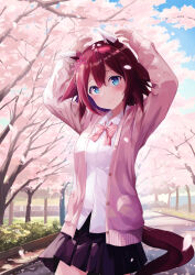 Rule 34 | 1girl, alternate costume, animal ears, arms up, black skirt, blue eyes, bow, bowtie, breasts, brown hair, card, cherry blossoms, closed mouth, collared shirt, commentary request, cowboy shot, day, ear covers, flower, hair between eyes, hair flower, hair ornament, highres, horse ears, horse girl, horse tail, jacket, long sleeves, looking at viewer, murasaki himuro, outdoors, pencil skirt, petals, pink bow, pink bowtie, pink jacket, raised eyebrows, sakura chiyono o (umamusume), shirt, short hair, skirt, small breasts, smile, solo, standing, tail, tree, umamusume, white shirt