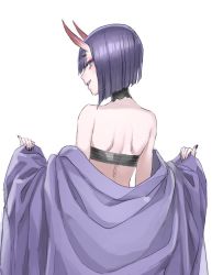 Rule 34 | 1girl, bare shoulders, black nails, blunt bangs, blush, collar, eyeshadow, fate/grand order, fate (series), horns, looking back, makeup, nail polish, nakuta, open clothes, parted lips, profile, purple eyes, purple hair, seductive smile, short hair, shoulder blades, shuten douji (fate), simple background, skin-covered horns, smile, solo, strapless, tube top, undressing, upper body, white background
