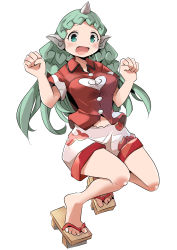 Rule 34 | 1girl, absurdres, collared shirt, geta, green eyes, green hair, hidden star in four seasons, highres, horns, komano aunn, long hair, looking at viewer, mukuroi, navel, open mouth, red shirt, shirt, short sleeves, shorts, simple background, single horn, solo, toes, touhou, white background, white shorts