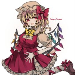 Rule 34 | 1girl, ankle lace-up, asymmetrical wings, blonde hair, bow, breasts, brown hat, brown socks, center frills, character name, cross-laced footwear, fang, flandre scarlet, frills, hair between eyes, hair bow, hat, joou heika (precare deum), leg up, medium breasts, medium hair, mob cap, open mouth, red bow, red eyes, red skirt, red vest, shoes, short sleeves, side ponytail, simple background, skirt, socks, solo, touhou, typo, vest, white background, wings, wristband, yellow bow, yellow neckwear