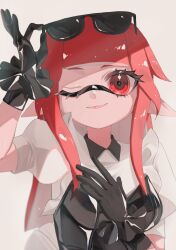 Rule 34 | 1girl, black-framed eyewear, black gloves, closed mouth, commentary request, eyelashes, eyewear on head, frilled gloves, frills, gloves, grey background, highres, inkling, inkling girl, inkling player character, long hair, looking at viewer, nintendo, one eye closed, pointy ears, puffy short sleeves, puffy sleeves, red eyes, red hair, short sleeves, simple background, smile, solo, splatoon (series), sunglasses, tentacle hair, upper body, vmux3442