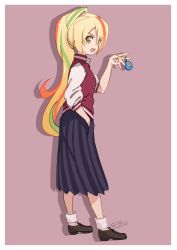 Rule 34 | 10s, 1girl, :d, artist name, black footwear, black skirt, blonde hair, commentary, dated, fanta (the banana pistols), from side, hand in pocket, highres, holding, jacket, letterman jacket, loafers, long hair, long sleeves, looking at viewer, medium skirt, multicolored hair, nikaidou saki, open mouth, pleated skirt, ponytail, purple background, red jacket, shadow, shoes, simple background, skirt, smile, socks, solo, standing, streaked hair, tamagotchi, v-shaped eyebrows, very long hair, white socks, zombie land saga