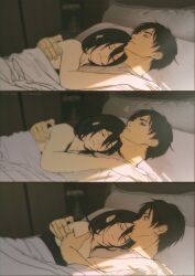 Rule 34 | 1boy, 1girl, absurdres, bare shoulders, black hair, blue eyes, closed eyes, closed mouth, commentary, couple, cuddling, eren yeager, facial scar, hair between eyes, highres, indoors, looking at another, lying, mikasa ackerman, niku (ni23ku), on back, on bed, on side, pillow, scar, scar on cheek, scar on face, shingeki no kyojin, shirt, short hair, sleeping, squiggle, sunlight, symbol-only commentary, under covers, upper body, white shirt
