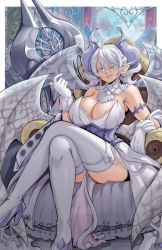 Rule 34 | 1girl, absurdres, breasts, cleavage, demon horns, demon tail, demon wings, earrings, gloves, highres, horns, jewelry, large breasts, lewdamone, lovely labrynth of the silver castle, slit pupils, solo, tail, thick thighs, thighhighs, thighs, twintails, white eyes, white gloves, white hair, wings, yu-gi-oh!