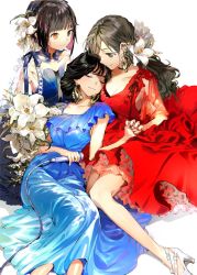 Rule 34 | 3girls, black hair, blue dress, bob cut, brown eyes, closed mouth, colored inner hair, dress, earrings, closed eyes, fingernails, flower, hair flower, hair ornament, hairband, heterochromia, high heels, highres, holding, holding hands, holding microphone, hoop earrings, hougu souji, jewelry, long dress, medium hair, microphone, multicolored hair, multiple girls, nail polish, orange eyes, original, pink hair, red dress, red nails, shoes, simple background, smile, white background, white flower, white footwear