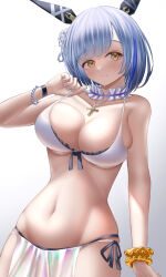 Rule 34 | 1girl, absurdres, azuma (sospower73), azur lane, bikini, blue hair, bracelet, breasts, cleavage, cowboy shot, gascogne (azur lane), gascogne (tropical environs acclimation service equipment) (azur lane), highres, jewelry, large breasts, looking at viewer, multicolored hair, official alternate costume, pelvic curtain, scrunchie, solo, streaked hair, swimsuit, wrist scrunchie, yellow eyes