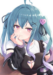 Rule 34 | 1girl, ahoge, amaner, aqua hair, black ribbon, breasts, cleavage cutout, closed mouth, clothing cutout, hair ornament, hair ribbon, heart, heart cutout, heart hair ornament, highres, jewelry, large breasts, long hair, long sleeves, looking at viewer, mole, mole under mouth, necklace, pink eyes, ribbon, simple background, smile, solo, twintails, upper body, virtual infinity, virtual youtuber, wananaki rero, white background