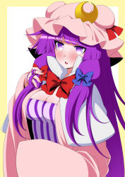 Rule 34 | 1girl, blush, bow, breasts, cleavage, eichi yuu, hair bow, hair ribbon, hat, large breasts, long hair, looking at viewer, mob cap, open mouth, patchouli knowledge, purple eyes, purple hair, ribbon, solo, tongue, touhou