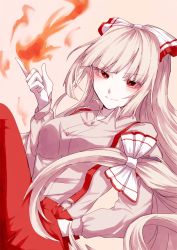 Rule 34 | 1girl, beige background, blunt bangs, blush, bow, breasts, bright pupils, buttons, closed mouth, collared shirt, commentary request, cowboy shot, fire, fire, flaming hand, fujiwara no mokou, grey hair, grey shirt, hair bow, hand in pocket, hand up, highres, hime cut, index finger raised, leg up, long hair, long sleeves, looking at viewer, medium breasts, pants, red bow, red eyes, red pants, shirt, sidelocks, smile, smirk, solo, somei ooo, suspenders, touhou, two-tone bow, v-shaped eyebrows, very long hair, white bow, white pupils, wing collar