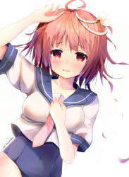 Rule 34 | 10s, 1girl, hair ornament, highres, i-58 (kancolle), kantai collection, light brown hair, lying, one-piece swimsuit, open mouth, pokonyan (kuhina0110), red eyes, school swimsuit, school uniform, serafuku, short hair, solo, swimsuit, swimsuit under clothes
