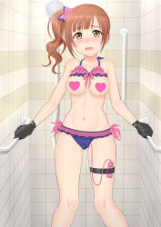 Rule 34 | 1girl, bare shoulders, bathroom, bdsm, bikini, bikini top lift, blunt bangs, blush, bondage, botan m, bound, bow, bow bikini, breasts, brown hair, censored, censored nipples, clothes lift, collarbone, controller, egg vibrator, female focus, frilled bikini, frills, gluteal fold, hair bow, heart, heart censor, highres, idolmaster, idolmaster cinderella girls, igarashi kyoko, indoors, long hair, looking at viewer, medium breasts, multicolored bikini, multicolored clothes, navel, nose blush, open mouth, pink bow, remote control, remote control vibrator, sex toy, shower, side ponytail, skindentation, solo, standing, stomach, swimsuit, tape, taped hands, vibrator, vibrator cord, vibrator under clothes, yellow eyes