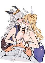 Rule 34 | 1boy, 2girls, ahoge, animal ears, artoria pendragon (all), artoria pendragon (fate), artoria pendragon (lancer alter) (fate), artoria pendragon (swimsuit ruler) (fate), ass, bad id, bad pixiv id, bar censor, bare arms, bare shoulders, black legwear, blonde hair, blouse, blue eyes, blue pantyhose, blush, bottomless, braid, breast press, breasts, censored, cleavage, clothes lift, commentary request, cooperative paizuri, crown, cum, cum in mouth, embarrassed, erection, fake animal ears, fate/grand order, fate (series), flat color, from side, fujimaru ritsuka (male), hair between eyes, half-closed eyes, holding hands, interlocked fingers, large breasts, leotard, lifting own clothes, long hair, lying, multiple girls, muscular, navel, open mouth, orange eyes, paizuri, pantyhose, parted bangs, penis, playboy bunny, ponytail, rabbit ears, rabbit tail, saliva, shirt, shirt lift, sideboob, silver hair, simple background, symmetrical docking, tail, teeth, tsuki no i-min, upper teeth only, very long hair, white background, white shirt, wrist cuffs