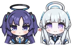 Rule 34 | 2girls, blue archive, blue eyes, halo, headphones, highres, jellyman, long hair, multiple girls, noa (blue archive), purple eyes, purple hair, school uniform, twintails, twitter, upper body, white background, white hair, yuuka (blue archive)