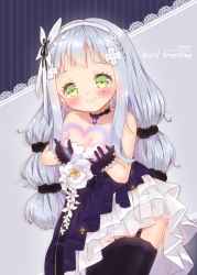 Rule 34 | 1girl, aged down, bad id, bad pixiv id, bare shoulders, black gloves, black scrunchie, black thighhighs, blush, braid, breasts, character name, cleavage, closed mouth, collarbone, commentary request, copyright name, dress, foreign blue, garter straps, girls&#039; frontline, gloves, green eyes, hair ornament, hair scrunchie, hairband, head tilt, heart, highres, hk416 (girls&#039; frontline), hk416 (starry cocoon) (girls&#039; frontline), long hair, looking at viewer, medium breasts, official alternate costume, purple dress, scrunchie, silver hair, smile, solo, thighhighs, very long hair, watermark, web address, white hairband