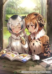 Rule 34 | 2girls, bird tail, bird wings, blonde hair, brown eyes, brown hair, coat, copyright name, copyright notice, eurasian eagle owl (kemono friends), gloves, grey hair, kemono friends, kemono friends 3, kemono friends 3: planet tours, multicolored hair, multiple girls, northern white-faced owl (kemono friends), official art, tail, upper body, white gloves, wings, yellow gloves