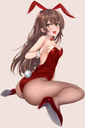 Rule 34 | 1girl, :d, absurdres, amber (genshin impact), animal ears, ass, bow, bowtie, breasts, brown eyes, brown hair, cetta (cettadvd), detached collar, fake animal ears, genshin impact, hair between eyes, high heels, highres, leotard, long hair, medium breasts, open mouth, pantyhose, playboy bunny, rabbit ears, rabbit tail, red bow, red bowtie, red footwear, red leotard, simple background, sitting, smile, solo, tail, wariza, wrist cuffs
