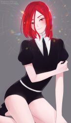 Rule 34 | 1other, androgynous, belt, black footwear, cinnabar (houseki no kuni), collared shirt, esthesiaan, gem uniform, gem uniform (houseki no kuni), glowing, grey background, hair between eyes, hand on own arm, head tilt, highres, houseki no kuni, looking at viewer, nail polish, necktie, other focus, puffy short sleeves, puffy sleeves, red eyes, red hair, red nails, seiza, shirt, shoes, short hair, short jumpsuit, short shorts, short sleeves, shorts, simple background, sitting, solo, white belt, white shirt, wing collar