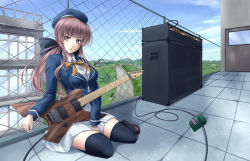 Rule 34 | 1girl, amplifier, bad id, bad pixiv id, beret, effects pedal, electric guitar, female focus, guitar, hair ribbon, hat, instrument, mochi.f, original, ponytail, red eyes, red hair, ribbon, rooftop, school uniform, sitting, skirt, solo, thighhighs