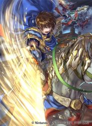 Rule 34 | 1boy, angry, armor, attack, blue cape, brown eyes, brown hair, cape, castle, cloud, cloudy sky, dragon, dual wielding, falling, fire emblem, fire emblem: genealogy of the holy war, fire emblem: thracia 776, fire emblem cipher, fortress, gem, holding, holding spear, holding sword, holding weapon, horse, horseback riding, incoming attack, leif (fire emblem), lightning, male focus, nintendo, official art, open mouth, polearm, riding, serious, short hair, shoulder armor, sky, solo, spear, suzuki rika, sword, teeth, weapon, white armor, white horse, wyvern