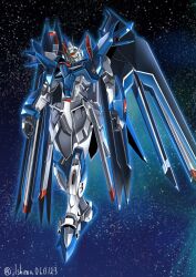 Rule 34 | blue eyes, commentary, full body, gundam, gundam seed, gundam seed freedom, highres, light particles, looking at viewer, mecha, mobile suit, no humans, rising freedom gundam, robot, science fiction, shimashun, twitter username, v-fin