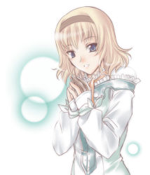 Rule 34 | 00s, 1girl, blonde hair, blunt bangs, brown eyes, long sleeves, microspace, natalia luzu kimlasca lanvaldear, own hands together, princess, simple background, solo, tales of (series), tales of the abyss, upper body, white background