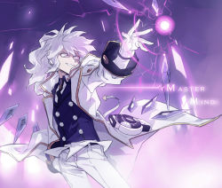 Rule 34 | 1boy, add (elsword), coat, crazy eyes, elsword, energy, facial mark, gloves, grin, jya, lightning, long hair, looking afar, male focus, necktie, outstretched hand, pants, purple background, purple eyes, smile, solo, tattoo, white hair, wide-eyed