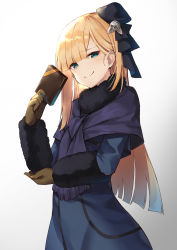 Rule 34 | 1girl, amagasa yun, aqua eyes, black hat, blonde hair, blue capelet, blue dress, blue hair, blush, brown gloves, capelet, closed mouth, commentary request, cowboy shot, dress, fate (series), flower, fur collar, fur sleeves, gift, gloves, gradient background, gradient hair, grey background, hair flower, hair ornament, hat, highres, holding, holding gift, long hair, lord el-melloi ii case files, mini hat, multicolored hair, reines el-melloi archisorte, rose, smile, solo, straight hair, very long hair
