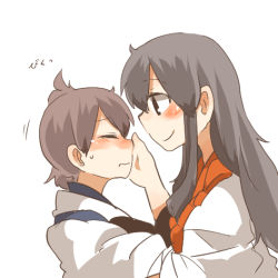 Rule 34 | 2girls, akagi (kancolle), black eyes, black hair, blush, brown hair, commentary request, closed eyes, hands on another&#039;s face, kaga (kancolle), kantai collection, long hair, lowres, multiple girls, rebecca (keinelove), short hair, side ponytail, smile, sweat