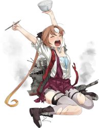 Rule 34 | 10s, 1girl, akigumo (kancolle), arms up, blush, bowl, broken, brown hair, chopsticks, closed eyes, damaged, fujikawa, full body, hair ornament, hair ribbon, hands in air, headband, holding, holding bowl, kantai collection, long hair, looking at viewer, machinery, official art, on ground, open mouth, outstretched arms, pantyhose, pleated skirt, ponytail, purple pantyhose, ribbon, round teeth, school uniform, shirt, sitting, skirt, solo, source request, teeth, torn clothes, torn pantyhose, torn shirt, torpedo, transparent background, uniform, wariza
