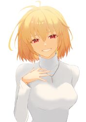 Rule 34 | 1girl, absurdres, antenna hair, arcueid brunestud, arm behind back, blonde hair, breasts, commentary, highres, jewelry, looking at viewer, medium breasts, moritaeaka, pendant, red eyes, short hair, simple background, smile, solo, tsukihime, upper body, white background