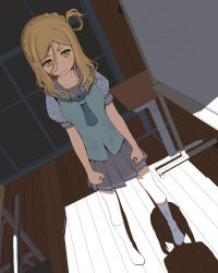 Rule 34 | &gt;:s, 2girls, :s, aqua neckerchief, blonde hair, blush, braid, clenched hands, closed mouth, collarbone, crown braid, desk, dutch angle, eyebrows, female pov, floor, frown, full body, green eyes, grey sailor collar, grey skirt, hair between eyes, hair rings, highres, indoors, lapel pin, light, long hair, looking at another, love live!, love live! sunshine!!, matsuura kanan, messy hair, mocha (snowflake), multiple girls, neckerchief, no nose, no shoes, ohara mari, pleated skirt, pov, puffy short sleeves, puffy sleeves, sailor collar, school desk, school uniform, serafuku, shadow, short sleeves, skirt, sleeve cuffs, sliding doors, socks, standing, uranohoshi school uniform, v-shaped eyebrows, wavy hair, wet, wet clothes, wet hair, white legwear, whiteboard, wooden floor