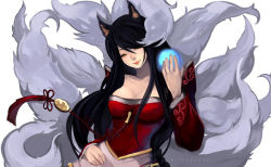 Rule 34 | 1girl, ahri (league of legends), animal ears, bare shoulders, black hair, breasts, detached sleeves, energy ball, facial mark, fox ears, fox tail, hair over one eye, head tilt, image sample, kitsune, korean clothes, kyuubi, large breasts, league of legends, long hair, multiple tails, riot games, smile, solo, tail, tassel, thelittlefirefly, very long hair, watermark, whisker markings, yellow eyes