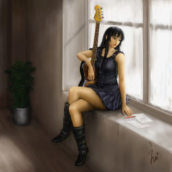Rule 34 | 1girl, akiyama mio, artist name, bass guitar, breasts, collarbone, curtains, dress, ebi (eeotoko), guitar, highres, hime cut, instrument, fender jazz bass, k-on!, crossed legs, long hair, paper, pencil, plant, potted plant, signature, sitting, solo
