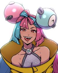Rule 34 | 1girl, akairiot, backlighting, blue hair, bow-shaped hair, breasts, character hair ornament, commentary, creatures (company), game freak, gen 1 pokemon, hair ornament, halterneck, hexagon print, highres, iono (pokemon), licking lips, long hair, looking at viewer, magnemite, multicolored hair, nintendo, oversized clothes, pink eyes, pink hair, pokemon, pokemon sv, sharp teeth, small breasts, solo, split-color hair, symbol-only commentary, teeth, tongue, tongue out, two-tone hair, upper body, upper teeth only, very long hair, white background