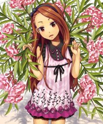 Rule 34 | 1girl, bad drawr id, bad id, bow, brown eyes, brown hair, camisole, camisole over clothes, cowboy shot, drawr, floral background, flower, flower request, goe, hair bow, hairband, idolmaster, idolmaster (classic), long hair, looking at viewer, minase iori, oekaki, plant, short sleeves, solo