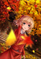Rule 34 | 1girl, aki shizuha, arm at side, arm up, autumn, autumn leaves, blonde hair, blurry, brown eyes, commentary request, cowboy shot, day, depth of field, dutch angle, fence, ginkgo leaf, hair ornament, hand in own hair, highres, leaf, leaf hair ornament, long sleeves, looking at viewer, luke (kyeftss), maple leaf, outdoors, parted lips, red shirt, red skirt, shirt, shirt under shirt, short hair, skirt, skirt set, solo, stairs, swept bangs, touhou, tree, white shirt, wind, wing collar, wooden fence