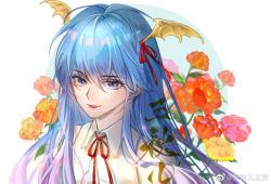 Rule 34 | 1girl, ahoge, artist request, blue eyes, blue hair, bow, circle, douluo dalu, dragon wings, dress, flower, gradient hair, long hair, multicolored hair, second-party source, smile, solo, upper body, wang qiu er (douluo dalu), white dress, wings
