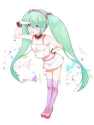Rule 34 | 1girl, bad id, bad pixiv id, blue eyes, collar, full body, green hair, hand on own hip, hatsune miku, headphones, highres, long hair, marin (myuy 3), midriff, open mouth, polka dot, polka dot legwear, redial (vocaloid), skirt, solo, thighhighs, transparent background, twintails, very long hair, vocaloid, white background