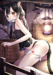 Rule 34 | 1girl, animal ears, ass, bad id, bad pixiv id, bandages, bandaged leg, bandages, bare shoulders, black hair, black panties, black shirt, blurry, box, breasts, cat ears, cat tail, depth of field, fence, fish in mouth, frilled shirt, frills, indoors, injury, lamp, liby (libtnvd), light particles, looking at viewer, looking back, low twintails, mouth hold, no pants, original, panties, revision, sack, shirt, sleeveless, sleeveless shirt, small breasts, solo, spaghetti strap, sweatdrop, tail, twintails, underwear, wooden fence, wooden floor, yellow eyes