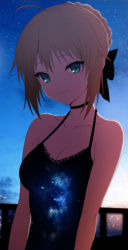 Rule 34 | 1girl, ahoge, artoria pendragon (all), artoria pendragon (fate), backlighting, bad id, bad pixiv id, bare arms, bare shoulders, black bow, black dress, blonde hair, blue sky, blurry, bow, braid, breasts, casual, cleavage, closed mouth, cloud, collarbone, commentary request, day, depth of field, dress, evening, fate/stay night, fate (series), french braid, green eyes, hair between eyes, hair bow, halterneck, highres, looking at viewer, print dress, railing, saber (fate), shade, short hair, sidelocks, sky, sleeveless, sleeveless dress, small breasts, smile, solo, space print, star (sky), starry sky, starry sky print, twilight, upper body, wing228