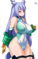 Rule 34 | 1girl, absurdres, artist name, bare shoulders, black legwear, blue eyes, blue hair, blush, boku no hero academia, breasts, cameltoe, cleft of venus, closed mouth, commentary, covered erect nipples, covered navel, cowboy shot, gloves, hadou nejire, hand up, highres, impossible clothes, impossible leotard, jmg, large breasts, legs together, leotard, long hair, looking at viewer, orange gloves, raised eyebrows, revision, simple background, smile, solo, superhero costume, thick thighs, thigh strap, thighs, very long hair, white background