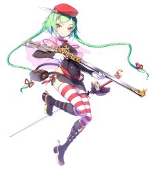 Rule 34 | 1girl, beret, blvefo9, boots, braid, capelet, detached sleeves, feathers, full body, gloves, green hair, gun, hair ornament, hair ribbon, hairpin, hat, highres, knee boots, long hair, looking at viewer, original, pink eyes, rapier, ribbon, rifle, short hair with long locks, skirt, solo, striped clothes, striped thighhighs, sword, thighhighs, twin braids, weapon
