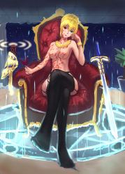 Rule 34 | 1girl, absurdres, ahoge, alcohol, artoria pendragon (all), artoria pendragon (fate), blonde hair, bodypaint, braid, breasts, collarbone, crossed legs, cup, drinking glass, ea (fate/stay night), excalibur (fate/stay night), fate/stay night, fate (series), flower pot, garter belt, garter straps, gilgamesh (fate), green eyes, head rest, head tilt, heterochromia, highres, jewelry, looking at viewer, magic circle, necklace, nipples, plant, potted plant, red eyes, saber (fate), self-upload, short hair, sitting, solo, sword, thighhighs, throne, topless, weapon, wine, wine glass, xylinda