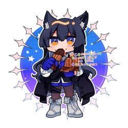 Rule 34 | 1girl, animal ear fluff, animal ears, arknights, black hair, black pantyhose, blue background, blue eyes, blue gloves, blue necktie, blue shorts, blush stickers, boots, buttoned cuffs, chibi, churro, collared shirt, commission, crumbs, diamond (shape), eating, food, gloves, hair between eyes, highres, holding, holding food, long hair, long sleeves, looking at viewer, necktie, orange eyes, pantyhose, shirt, short shorts, shorts, sidelocks, simple background, solo, sshooooe, straight hair, surgeon cuffs, tail, texas (arknights), texas the omertosa (arknights), two-tone background, two-tone eyes, white background, white footwear, white shirt, wolf ears, wolf girl, wolf tail