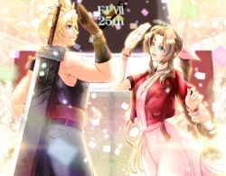 Rule 34 | 1boy, 1girl, aerith gainsborough, armor, belt, blonde hair, blue eyes, blue pants, blue shirt, bracelet, braid, brown gloves, brown hair, buster sword, choker, cloud strife, colosseum, confetti, couple, cropped jacket, dress, final fantasy, final fantasy vii, final fantasy vii remake, gloves, green eyes, hair ribbon, hand up, high five, highres, jacket, jewelry, long hair, looking at another, materia, muscular, muscular male, necklace, open mouth, pants, parted bangs, patch bartho, pink dress, pink ribbon, red jacket, ribbon, shirt, short hair, shoulder armor, sidelocks, sleeveless, sleeveless turtleneck, smile, spiked hair, square enix, turtleneck, upper body, weapon, weapon on back