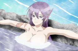 Rule 34 | 1girl, artist name, bath, breasts, closed mouth, floating breasts, hizaki chikage, krazykamikaze44, large breasts, long hair, looking at viewer, matching hair/eyes, onsen, partially submerged, purple eyes, purple hair, scar, smile, solo, triage x, water