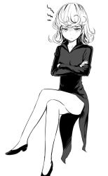 Rule 34 | 1girl, convenient leg, crossed arms, full body, greyscale, crossed legs, looking at viewer, monochrome, one-punch man, short hair, simple background, sitting, solo, tatsumaki, white background, zaxwu