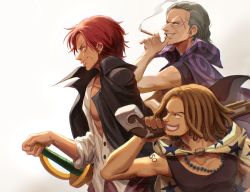 Rule 34 | 3boys, benn beckman, black hair, cigarette, commentary request, highres, holding, holding sword, holding weapon, looking to the side, male focus, manly, multiple boys, muscular, oekakiboya, one piece, pirate, red hair, red hair pirates, shanks (one piece), short hair, simple background, smile, smoke, smoking, sword, weapon, yasopp