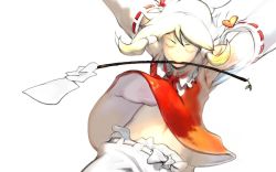 Rule 34 | 1girl, arms up, blonde hair, embodiment of scarlet devil, female focus, hakurei reimu, long sleeves, midriff, mouth hold, navel, ribbon-trimmed sleeves, ribbon trim, short hair, simple background, solo, stomach, touhou, usapiyo, white background