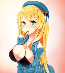 Rule 34 | 10s, 1girl, atago (kancolle), black bra, blonde hair, bra, breasts, cleavage, green eyes, halterneck, hat, kantai collection, karaage (ta-na), large breasts, mouth hold, open clothes, open shirt, shirt, underwear, uniform, untied